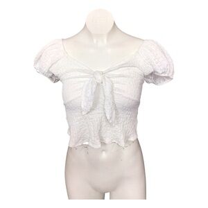 See You Monday White Tie-Front Crop Top Y2K